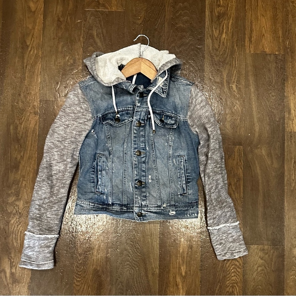 Free People Denim Hoodie Jacket Gray Knit Sleeves Boho Layered XS Slimfit Gypsy - Picture 2 of 10